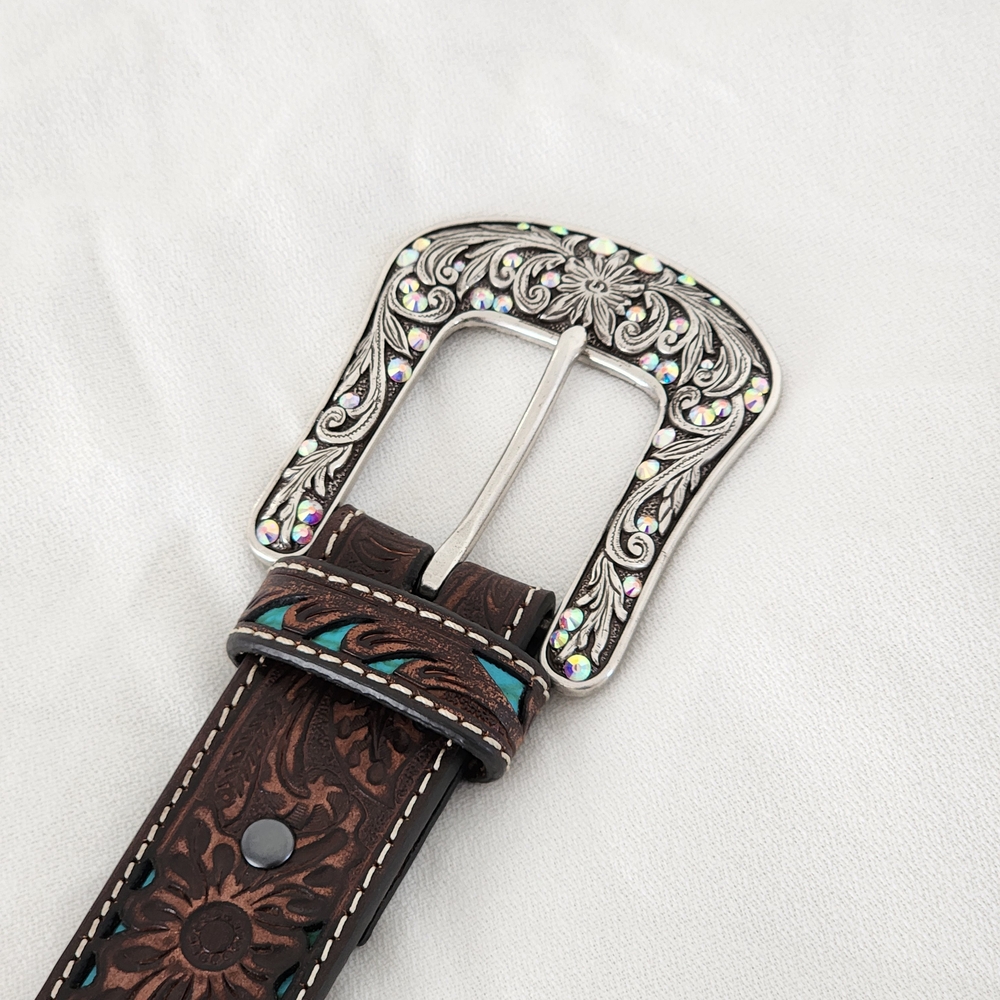 Ariat Women's Turquoise Inlay Floral Tooled Belt - Western Elegance! - Picture 4 of 13
